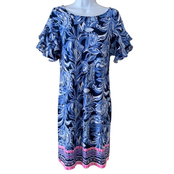 Lilly Pulitzer Shift Dress Short Ruffle Sleeves Blue Pink Tropical Print Size S - Picture 1 of 7